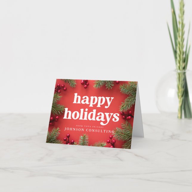 Carte Joyeuses Vacances Moderne Holly Berry Pine Needles (Devant)