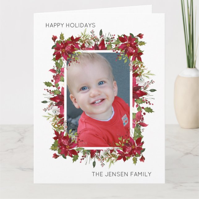 Carte Joyeuses Vacances Rouge Poinsettias Verdure Blanc (Devant)