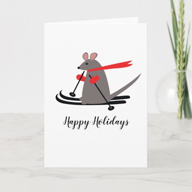 Carte Joyeuses vacances Souris de ski Salutation de Noël (Devant)