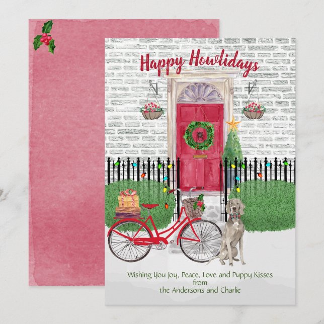 Carte Joyeuses vacances Weimaraner Vélo Porte Rouge (Devant / Derrière)