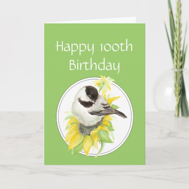 Carte Joyeux 100e anniversaire Chickadee Sunflower Bird (Devant)
