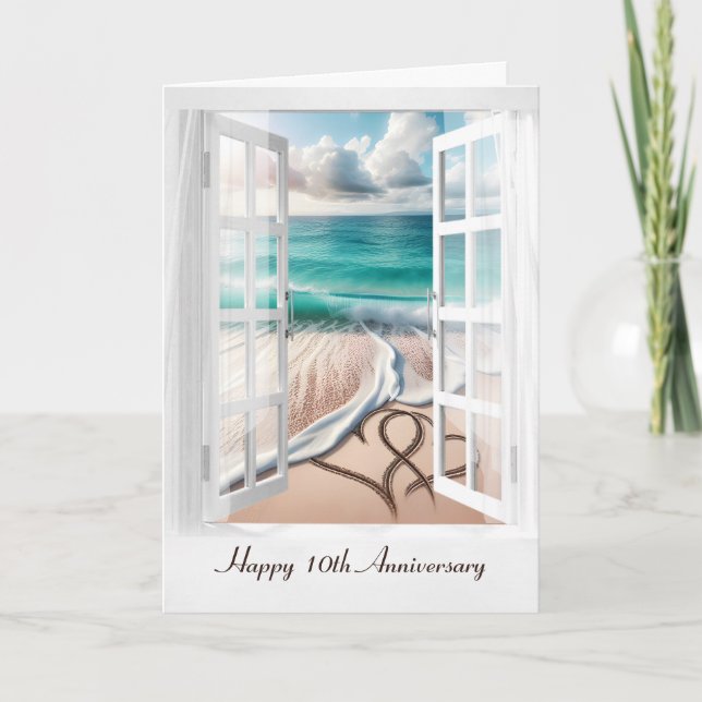 Carte Joyeux 10e anniversaire Coeurs de plage (Devant)