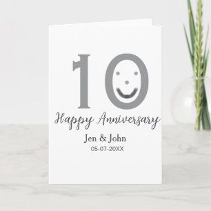 Carte Joyeux 10e anniversaire nom date gris gras émoji
