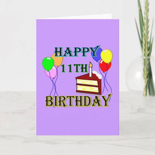 Carte Joyeux 11e anniversaire avec gâteau, ballons et bo (Devant)