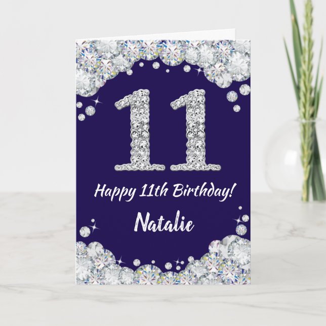Carte Joyeux 11e anniversaire Marine Bleu et Parties sci (Devant)