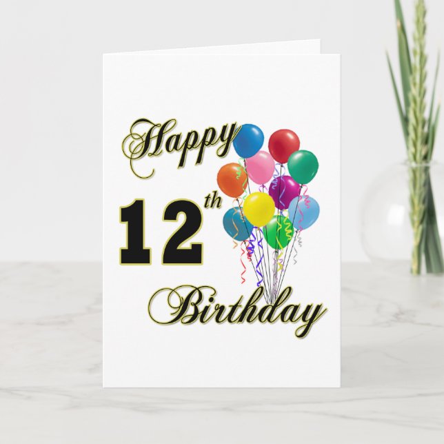Carte Joyeux 12e anniversaire cadeaux et vêtements d'ann (Devant)