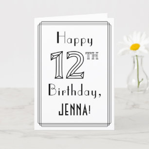 Carte Joyeux 12e anniversaire, style Art déco avec nom p