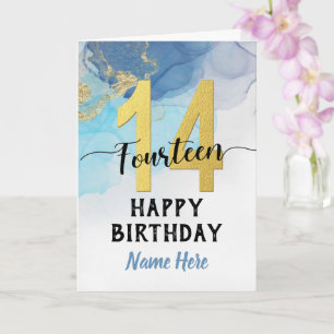 Carte Joyeux 14e anniversaire Aquarelle Bleu & or Garçon
