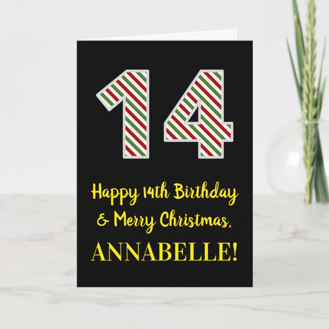 Carte Joyeux 14e anniversaire & Joyeux Noël, Nom personn (Devant)