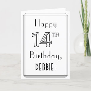 Carte Joyeux 14e anniversaire, style Art déco avec nom p