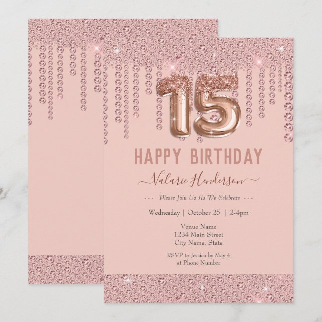Carte Joyeux 15e anniversaire des gouttes de diamant ros (Devant / Derrière)