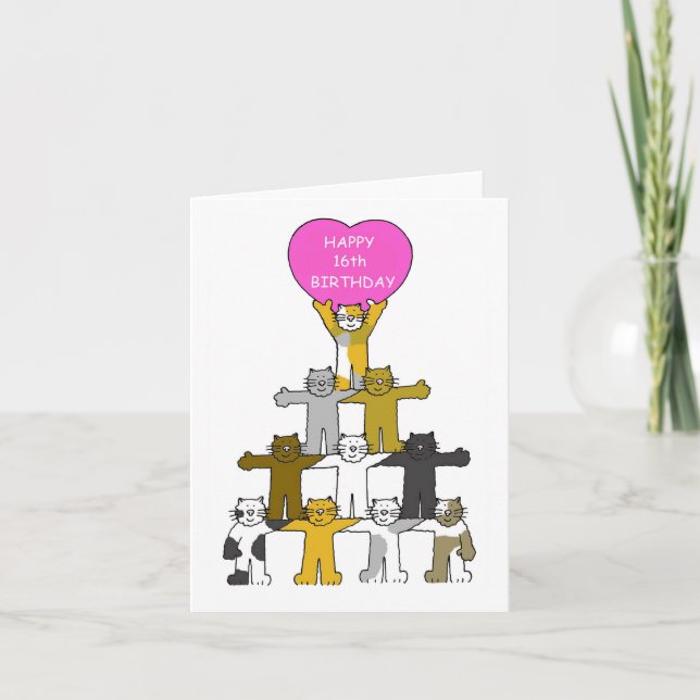 Carte Joyeux 16e anniversaire Cartoon Cats (Devant)