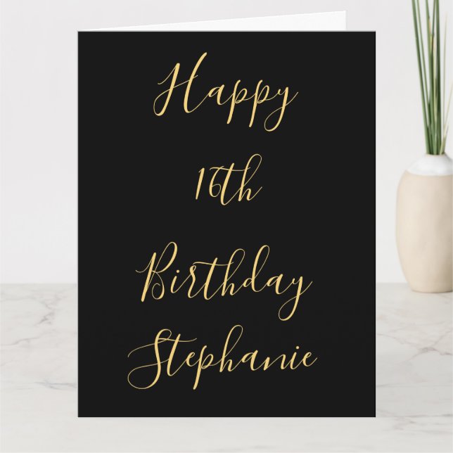Carte Joyeux 16e anniversaire Gold Jaune Black Nom perso (Devant)