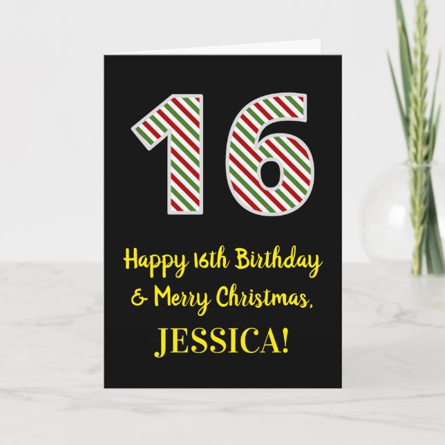 Carte Joyeux 16e anniversaire & Joyeux Noël, Nom personn (Devant)