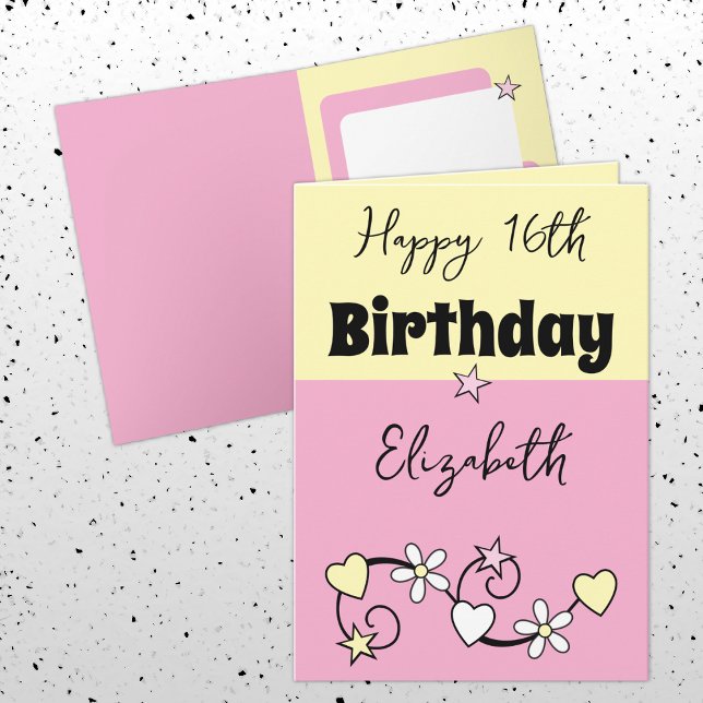 Carte Joyeux 16ème anniversaire nom rose jaune (Créateur téléchargé)