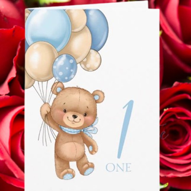 Carte Joyeux 1er anniversaire (Celebrate a baby boy’s first birthday with this adorable blue balloons and teddy card.)