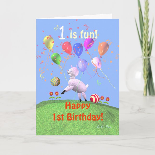 Carte Joyeux 1er anniversaire agneau et ballons (Devant)
