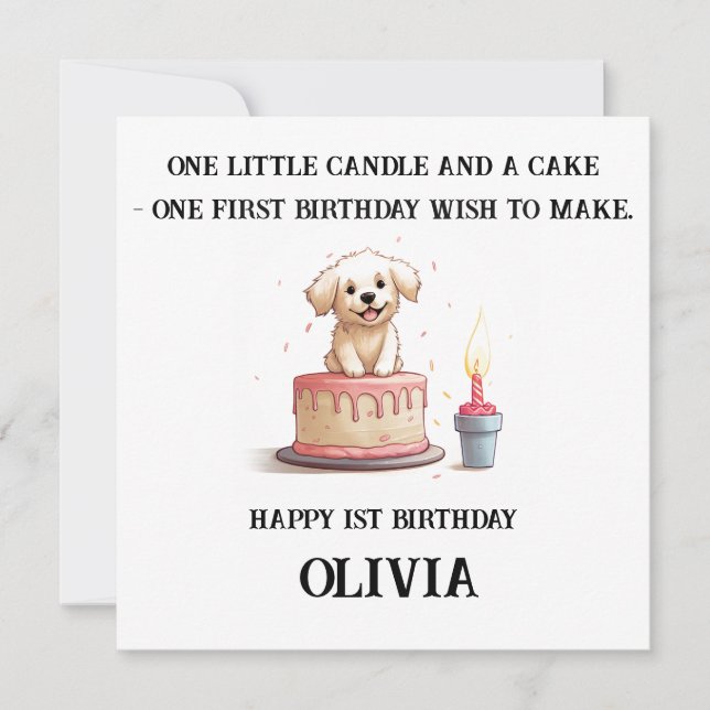 Carte Joyeux 1er Anniversaire Félicitations, Nom & Chiot (Devant)