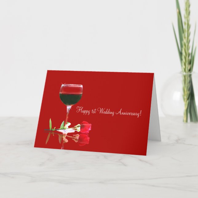 Carte Joyeux 1er anniversaire Mariage vin rouge et Rose (Devant)