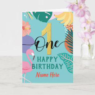 Carte Joyeux 1er anniversaire Pastel Flamant rose floral