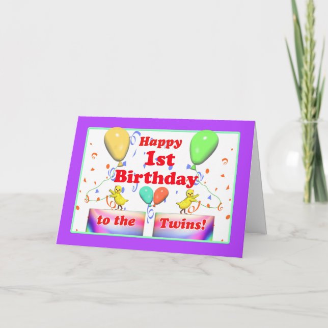 Carte Joyeux 1er anniversaire poulets pour jumeaux (Devant)