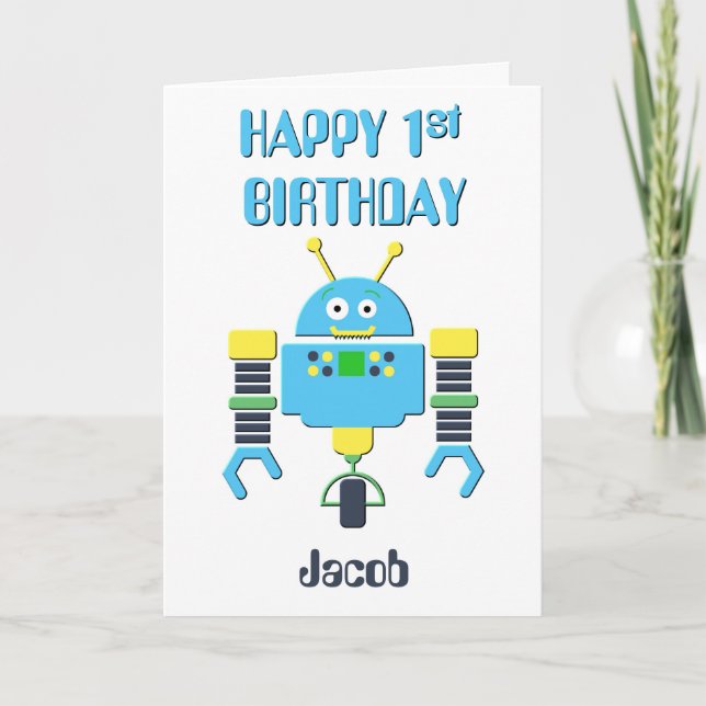 Carte Joyeux 1er anniversaire Robot bleu (Devant)