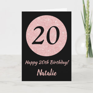 Carte Joyeux 20e anniversaire Noir et Rose Or rose