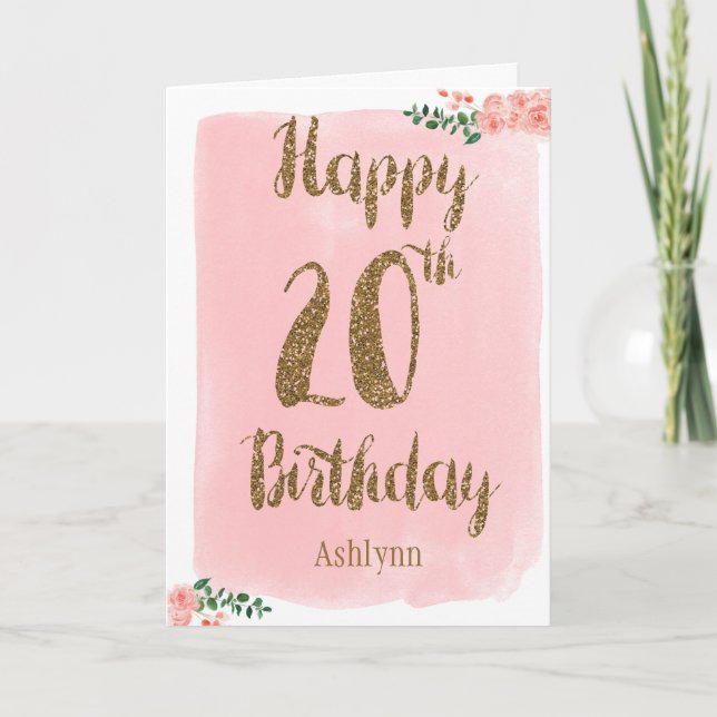 Carte Joyeux 20e anniversaire rose et or (Devant)