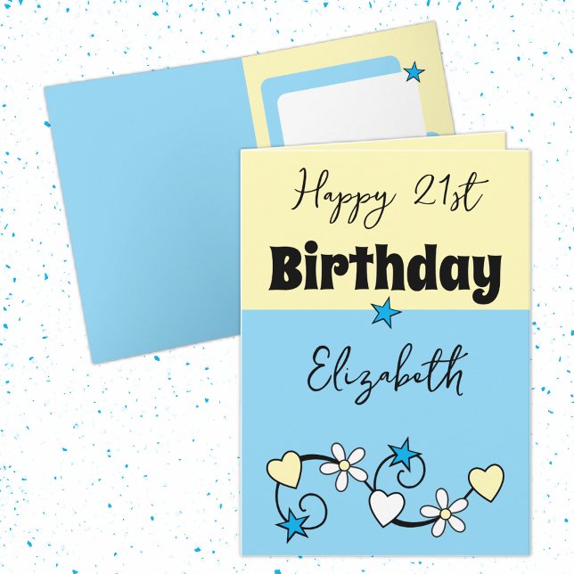 Carte Joyeux 21e anniversaire nom bleu jaune (Créateur téléchargé)