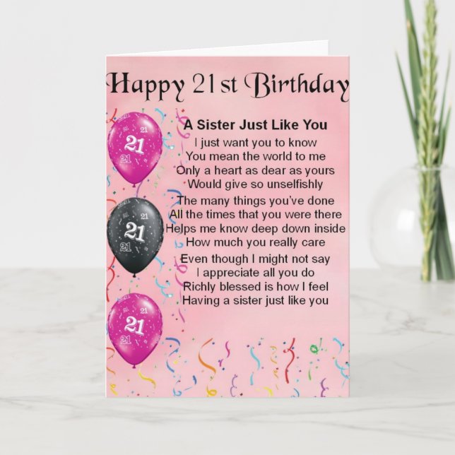 Carte Joyeux 21e anniversaire - Poème soeur (Devant)