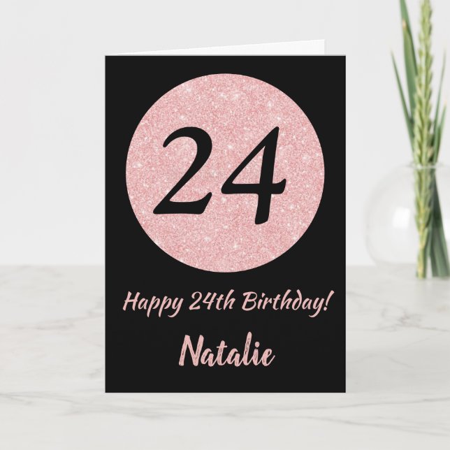 Carte Joyeux 24e anniversaire Noir et Rose Or rose (Devant)