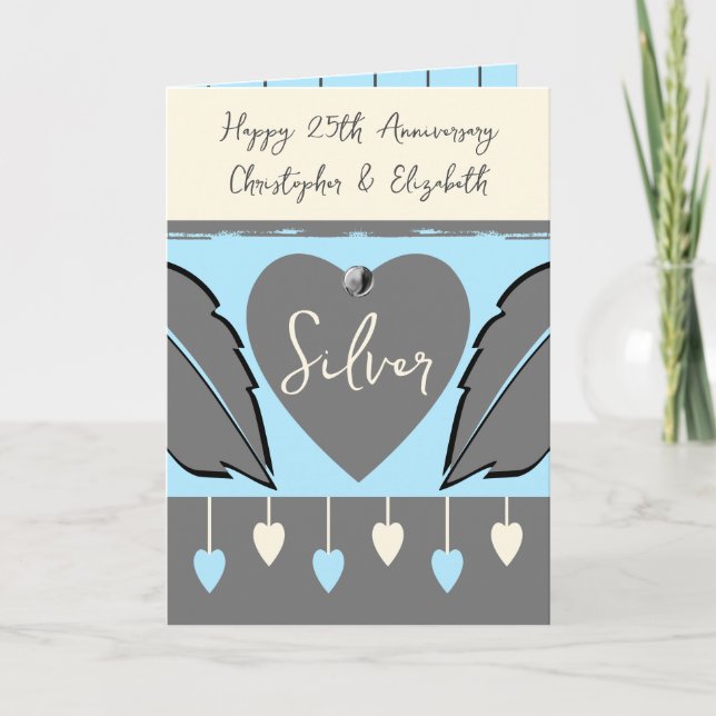Carte Joyeux 25e anniversaire ajouter des noms gris bleu (Devant)