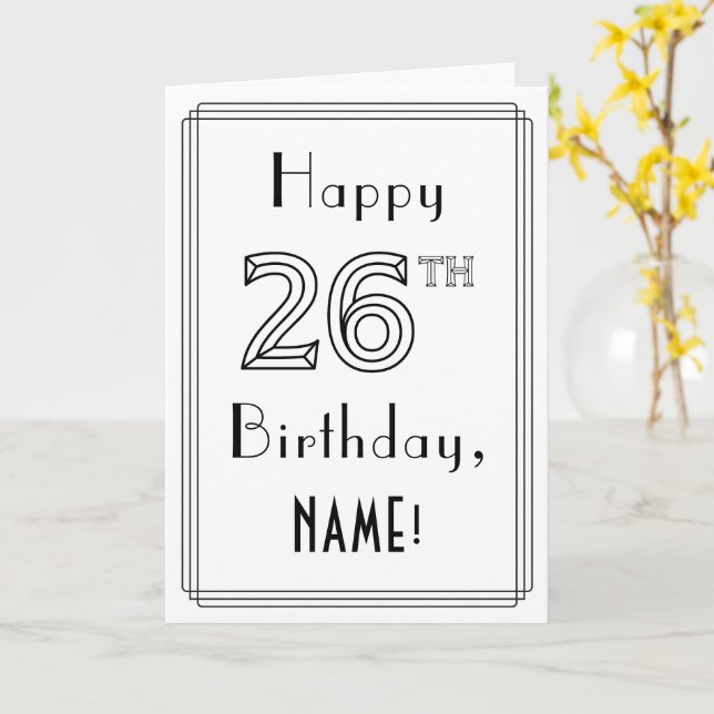 Carte Joyeux 26ème anniversaire, Art Déco Style avec Nom (Fleur jaune)