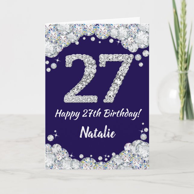 Carte Joyeux 27e anniversaire Marine Bleu et Parties sci (Devant)