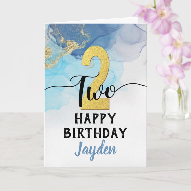 Carte Joyeux 2e anniversaire Aquarelle bleue & Gold Boy (Orchidée)