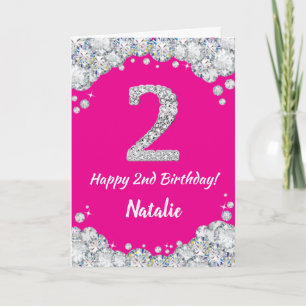 Carte Joyeux 2e anniversaire Hot rose et Parties scintil