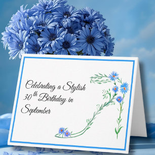 Carte Joyeux 30 septembre Fleurs d'Aster Bleu