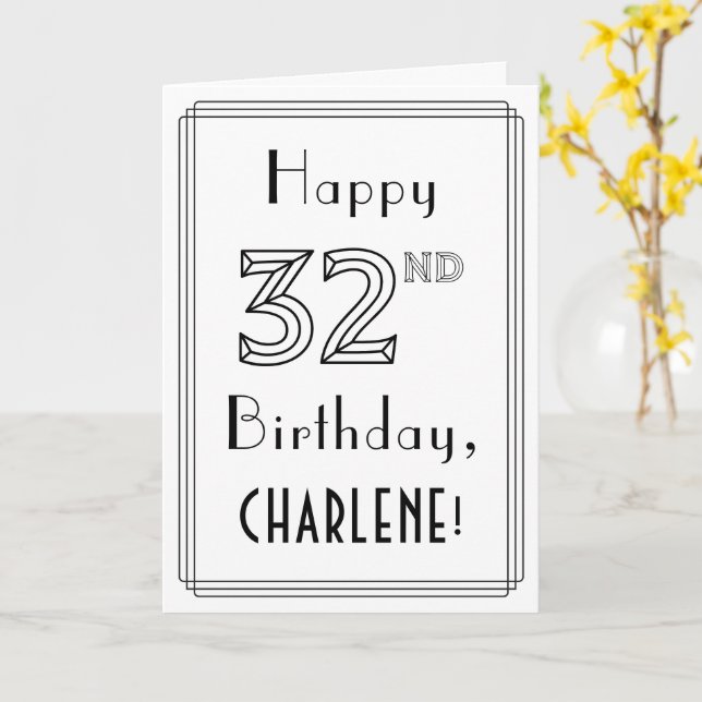 Carte Joyeux 32e anniversaire, style Art déco avec nom p (Fleur jaune)