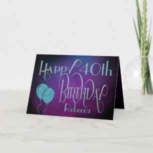 Carte Joyeux 40e Nom Purple Turquoise Aquarelle Annivers