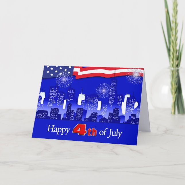 Carte Joyeux 4 juillet. Paysage urbain et feux d'artific (Devant)