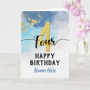Carte Joyeux 4e anniversaire aquarelle bleu & or garçon