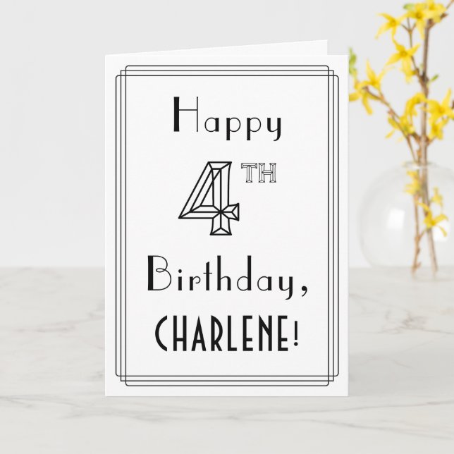 Carte Joyeux 4e anniversaire, style Art déco avec/ Nom p (Fleur jaune)