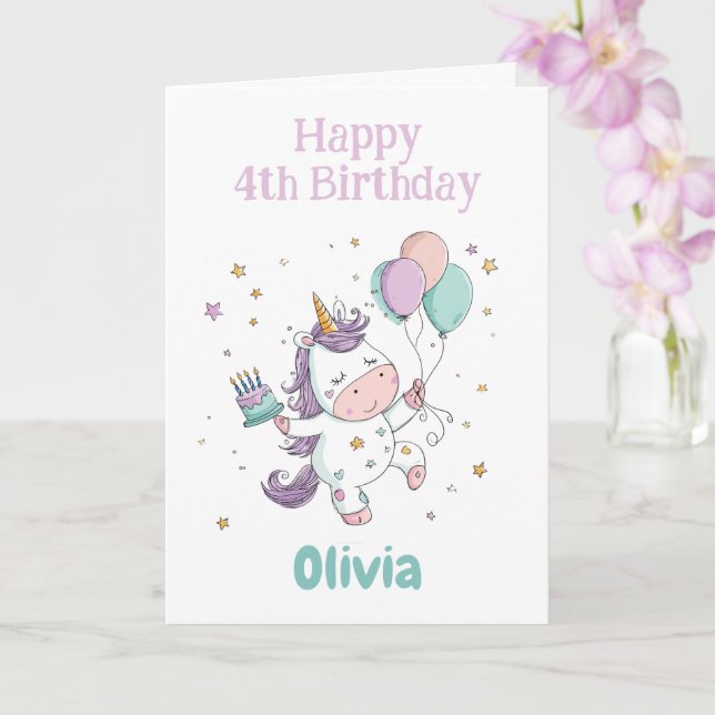 Carte Joyeux 4ème anniversaire, Licorne, Personnalisé (Orchidée)