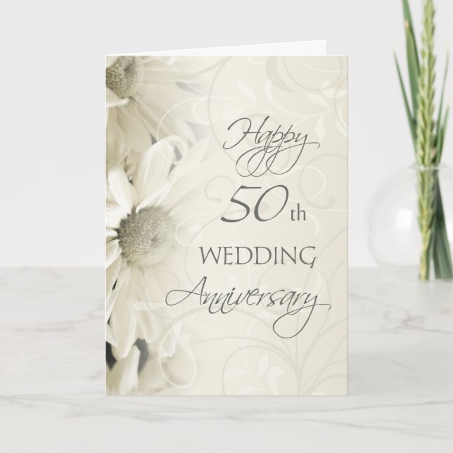 Carte Joyeux 50e Anniversaire de Mariage Fleurs Bl (Devant)