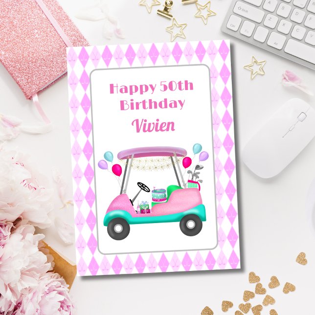 Carte Joyeux 50ème club de golf féminin (Hit a hole in one with this personalized birthday card for someone who is a golf fan!)