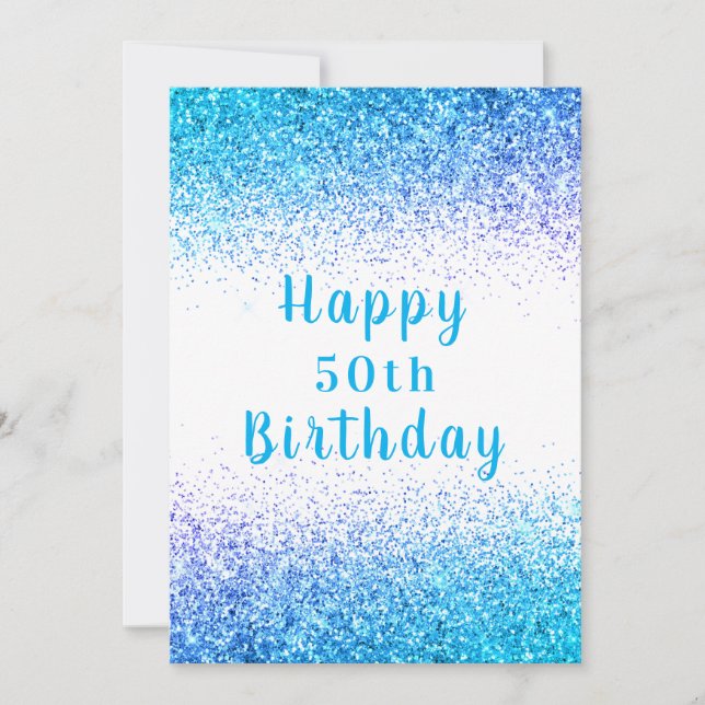 Carte Joyeux 50ème Parties scintillant Bleue Typographie (Devant)