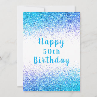 Carte Joyeux 50ème Parties scintillant Bleue Typographie