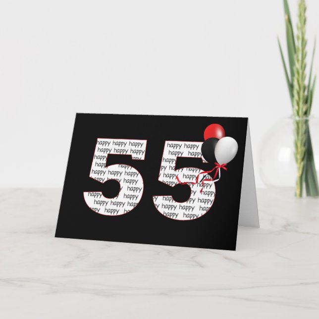 Carte Joyeux 55e anniversaire en noir avec ballons (Devant)