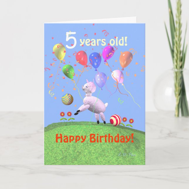 Carte Joyeux 5 Anniversaire agneau et ballons (Devant)