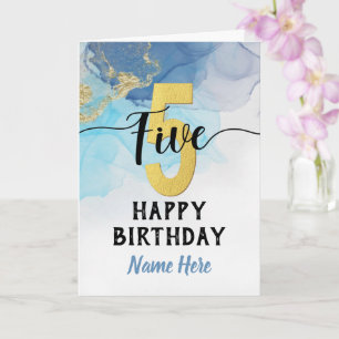 Carte Joyeux 5e anniversaire aquarelle Bleu & or Garçon